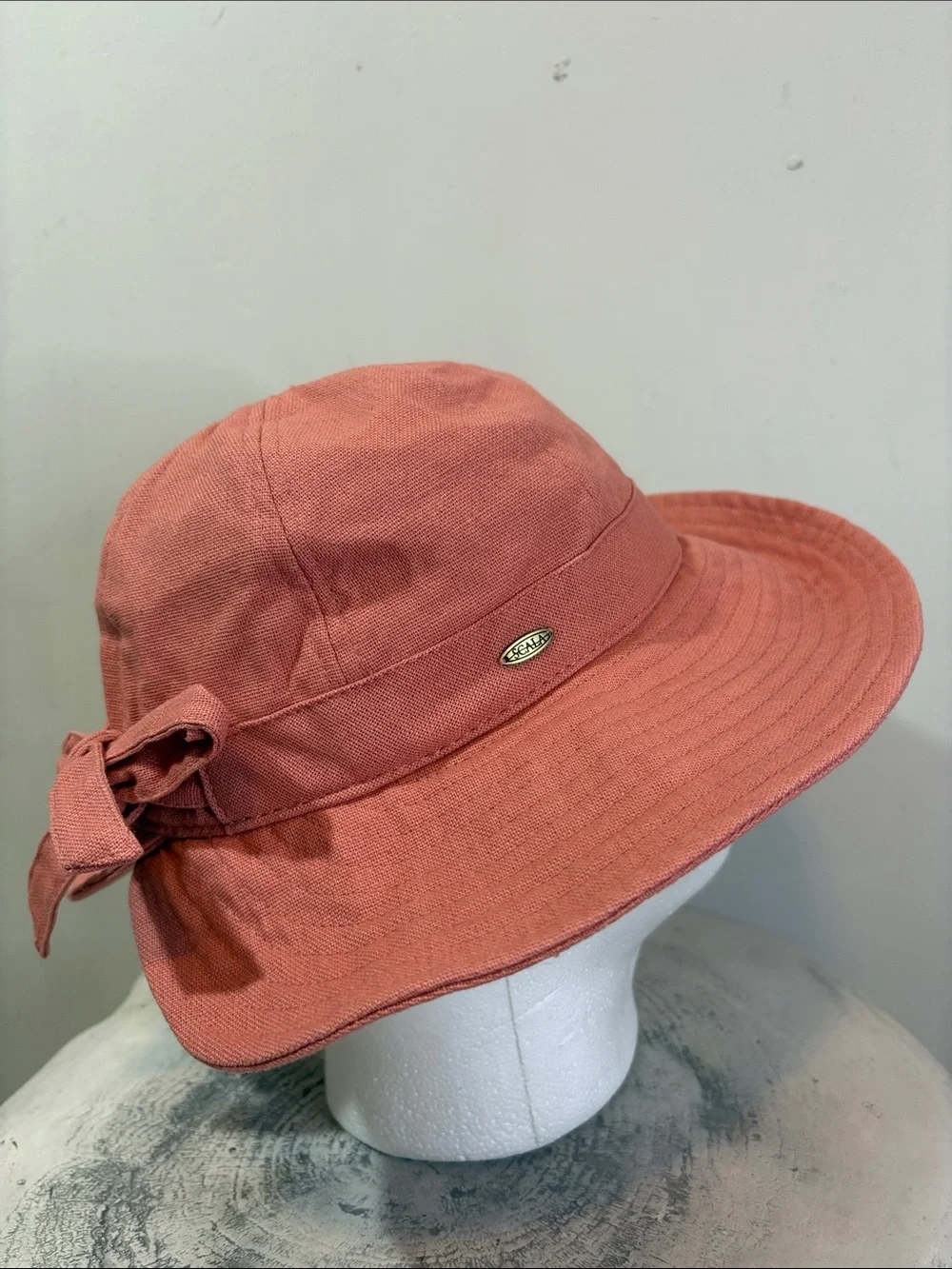 Scala Collection Ohana Cotton Facesaver Hat with Bow Salmon Pink Structured Brim